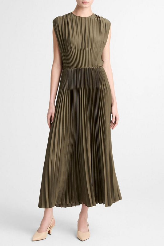 CHEVRON PLEATED SATIN DRESS