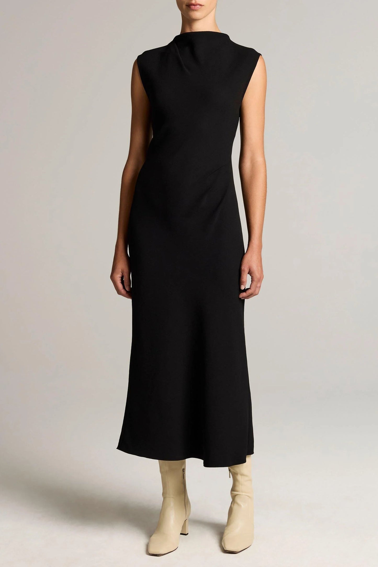 DRAPED FUNNEL NECK DRESS
