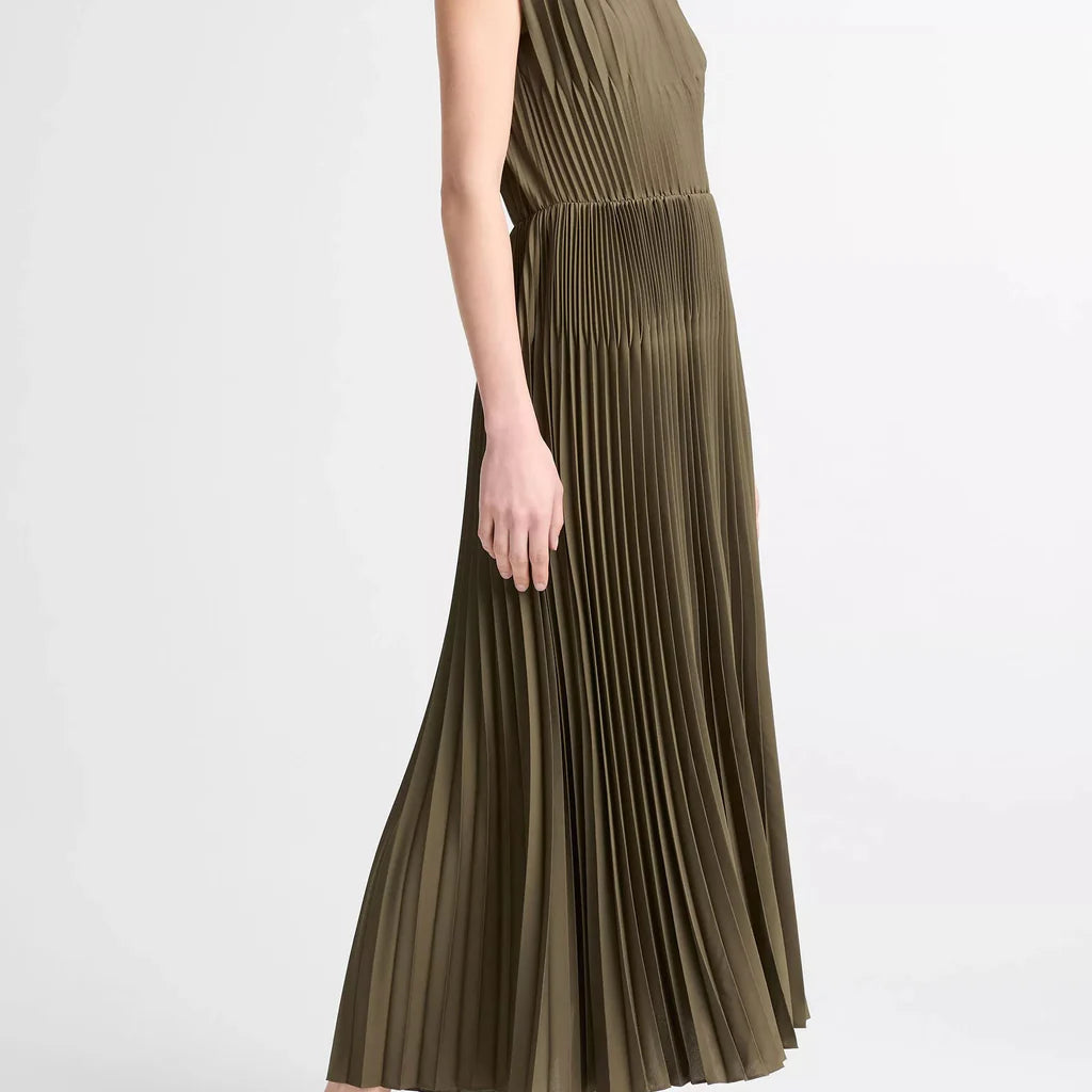 CHEVRON PLEATED SATIN DRESS